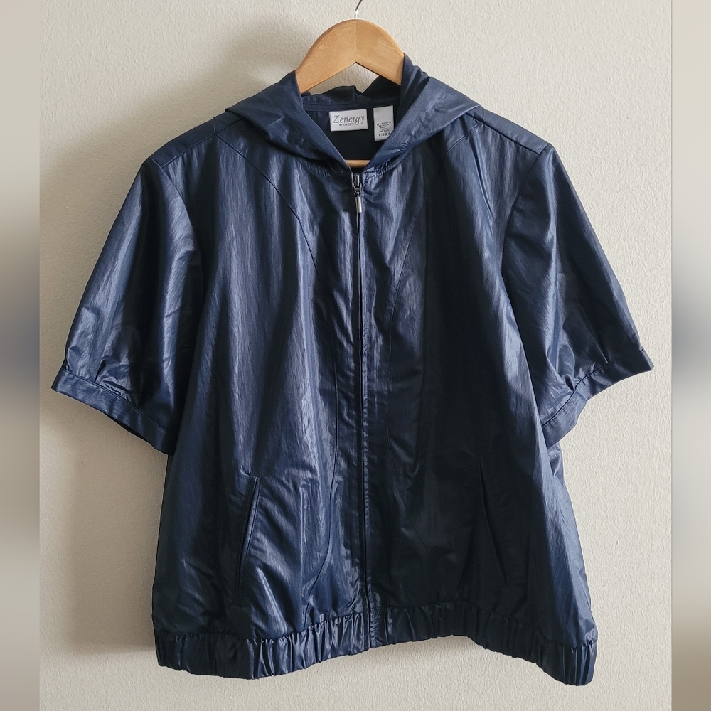 Zenergy by Chico's short sleeved crinkle hooded anorak, Women's XL, smokey blue
